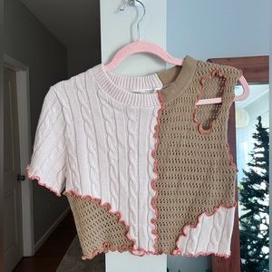 12TH TRIBE Color Block Knit One Sleeve Crew Neck Cropped Sweater